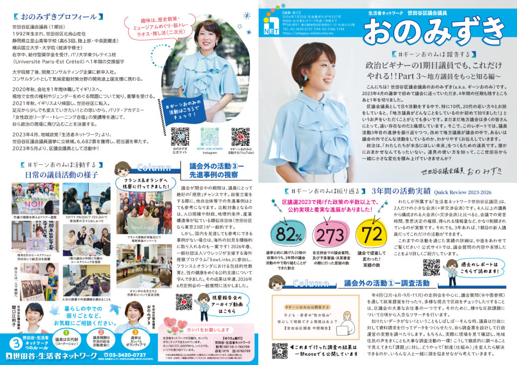 生活者せたがや227号(おのみずき個人レポート第3号)の誌面プレビュー。おのみずきのプロフィール、活動写真、3年間の活動実績、表紙タイトル「政治ビギナーの1期目議員でも、これだけやれる!! Part 3~地方議員をもっと知る編~」が掲載されたページ。